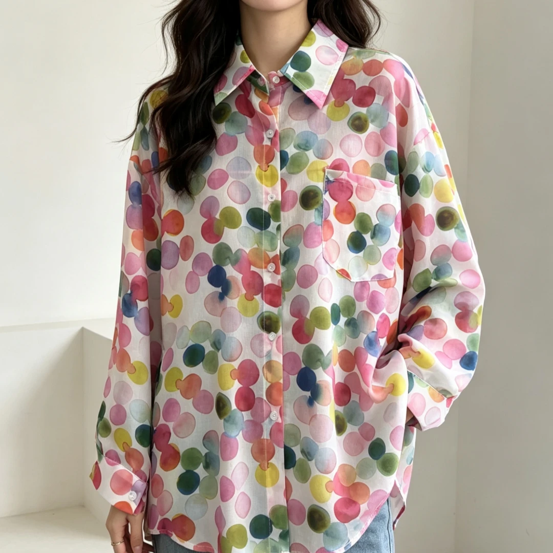 SuperAen Korean-style 2026 Summer New Candy-colored Polka Dot Print Casual Simple Shirt for Women Loose Sun-protective Shirts