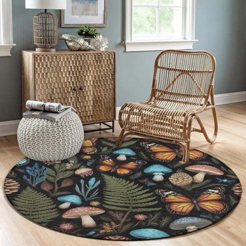 Dreamy Forest Fantasy Circular Rug Colorful Butterfly Mushroom Fern Print Carpet Daily Home Non-Slip Mat for Living Room Bedroom