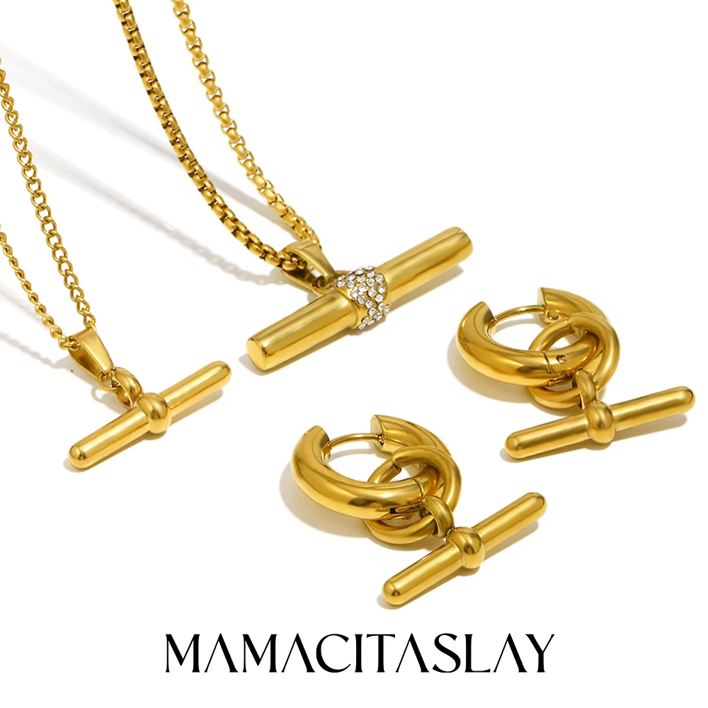 MamacitaSlay 316L Edelstahl T-Bar Anhänger Halskette Ohrringe Wasserdicht 18K vergoldet Schmuck Damen Ohrringe Halskette