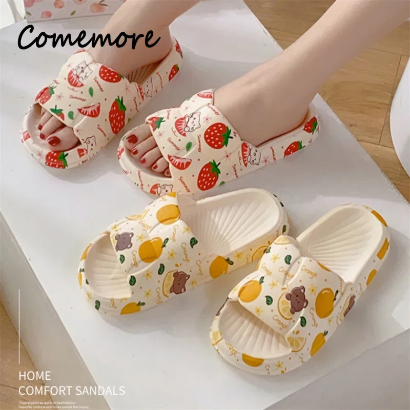 Comemore Women\'s Slippers Home Flip Flops 2024 Summer Slipper Flat EVA Sandals Platform Women Cartoon Sweet Strawberry Rabbit 40