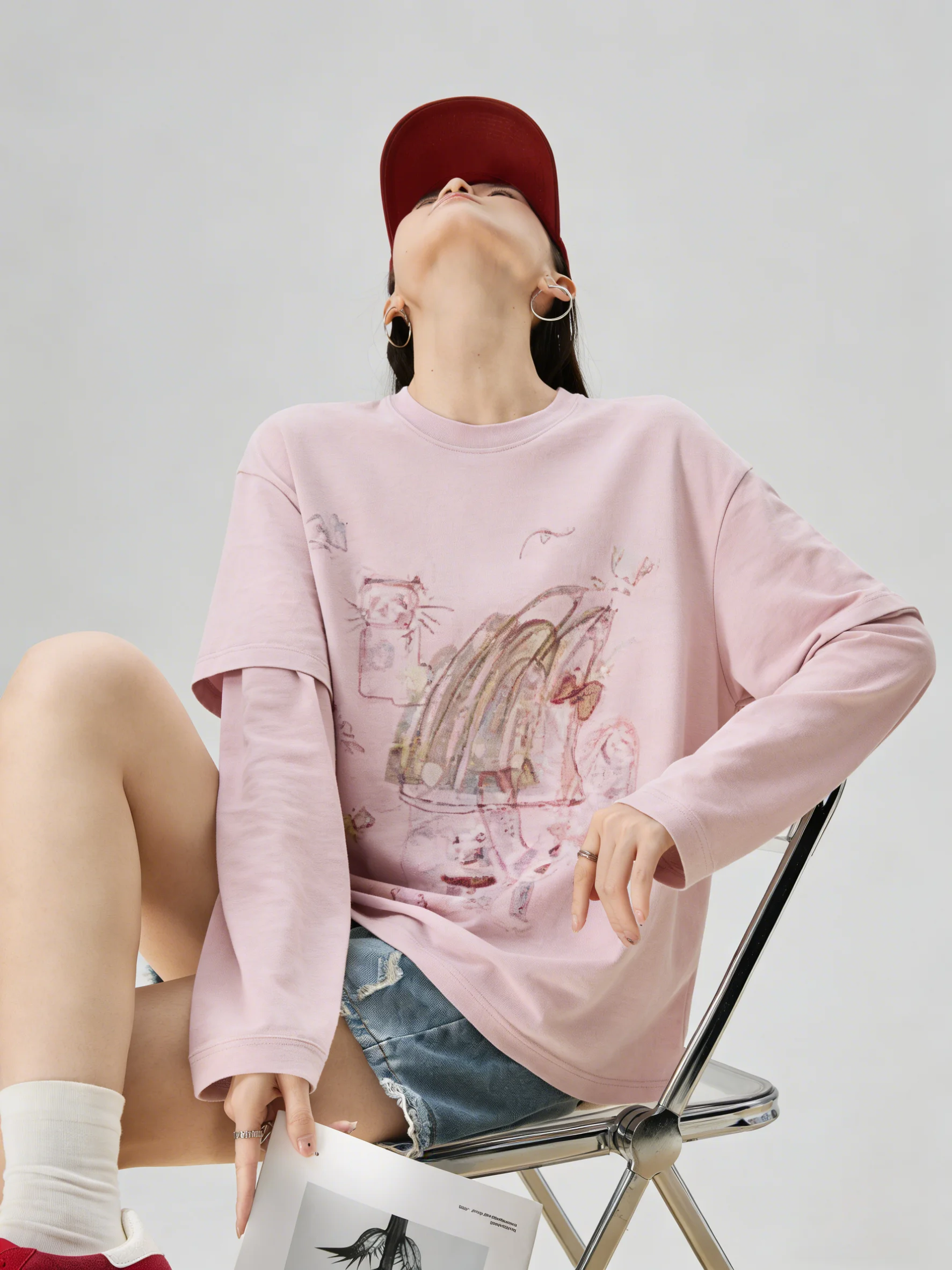 

Розово-фиолетовая женская футболка с длинным рукавом и принтом ручной работы, базовая модель, нижнее белье, весна 2026, новинка, корейская версия для повседневной носки