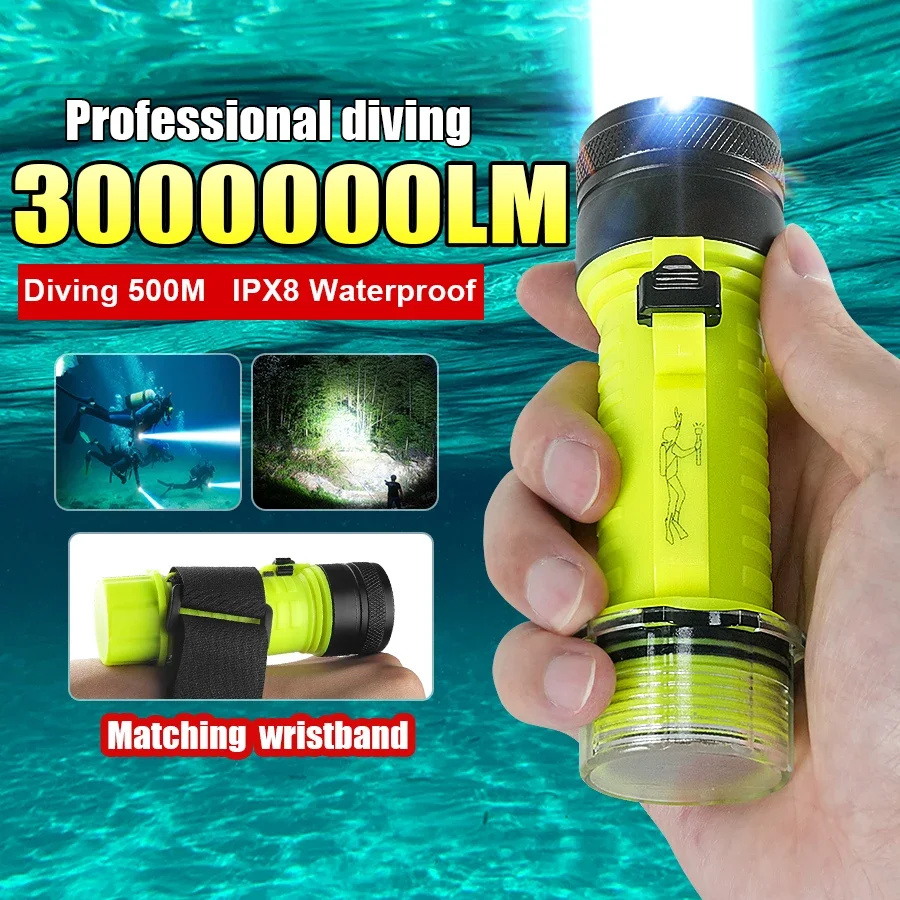 3000000LM High Power LED Flashlight Amphibious Torch Professional Diving Torch Super Bright Flashlights IPX8 Waterproof Lantern