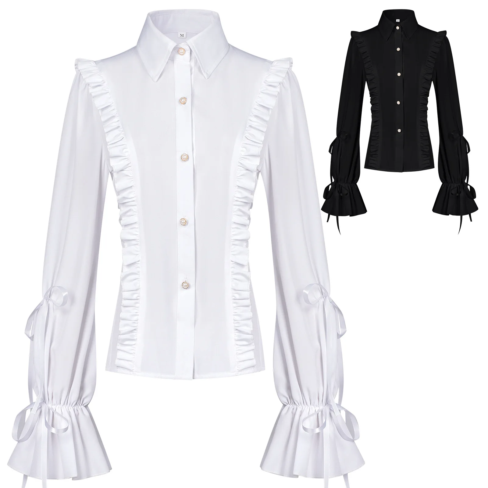 

LolitaShirt Gothic Punk Ruffle Frill Tops HalloweenPrince Princess Vintage Shirts Slim Fit Tops Long Sleeve Blouse Costume Woman