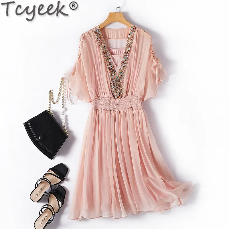 

Tcyeek Elegant Beach Womens Dress 100% Mulberry Real Silk White Dresses Summer V-neck White Dress Women Clothing Special Offer