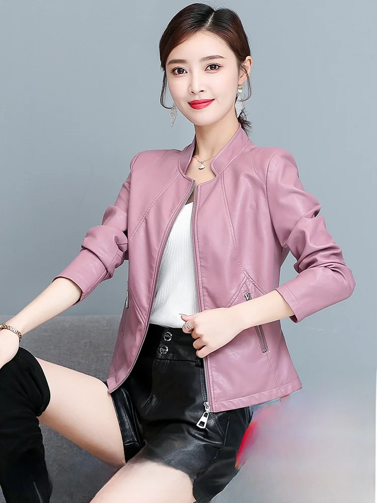 

Spring 2026 Women's Short Leather Jacket Stand Collar Slim Fit Sheepskin Coat Korean Style Commute Style No Fur Collar