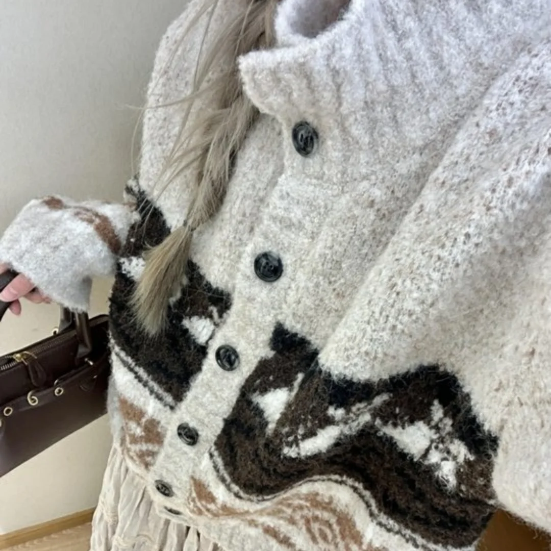 ヴィンテージフェアアイランドジャカードスタンドアップニットカーディガン女性の秋/冬ヨーロッパとアメリカのルーズ厚いトップ暖かいコート