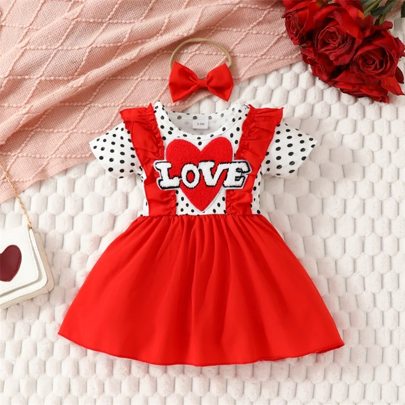 Conjunto de ropa para bebé niña, adorable vestido mameluco con estampado de corazón de manga corta y diadema con lazo a juego, traje bonito para