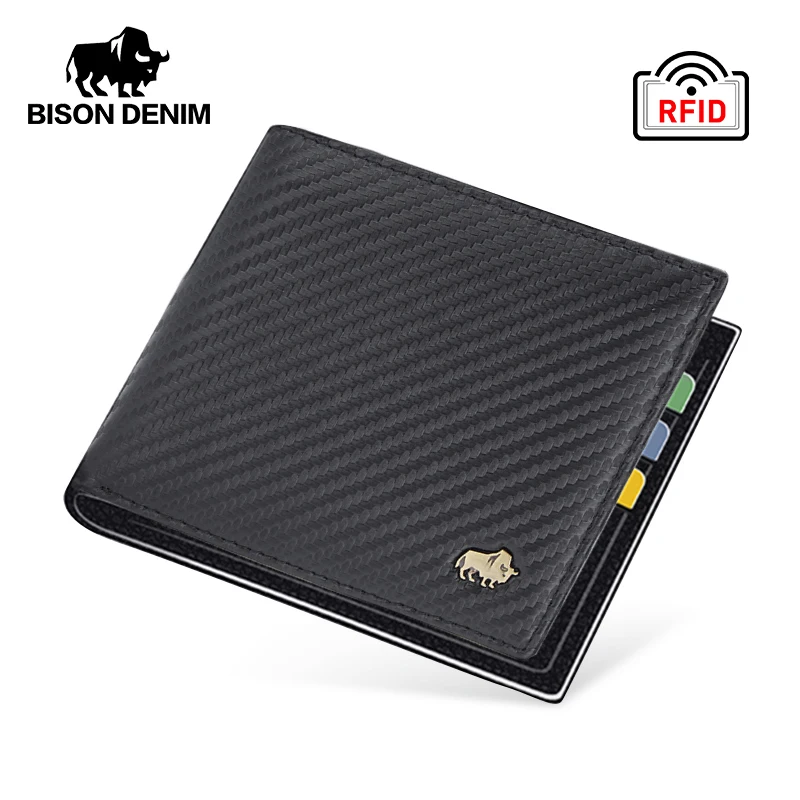 BISON DENIM Texture Carbon Fiber Men Wallets Money Pocket Bag Bi-fold Card Man Wallet Luxury Male Small Short Purse Best Gift