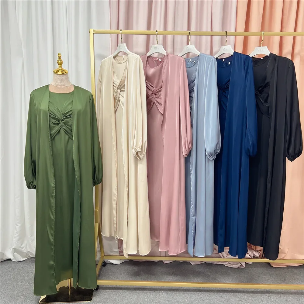 Ramadan Eid Abiti Donna Abaya Dubai Due pezzi Set musulmano Abito Abaya Dubai Turchia Musulmano Islam Abaya Abito da sera in raso