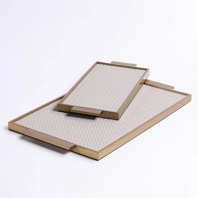 Rectangular Metal Tray Simple Modern Leather Tray Model Room Decoration Family Living Room Coffee Table Storage Home Organizer