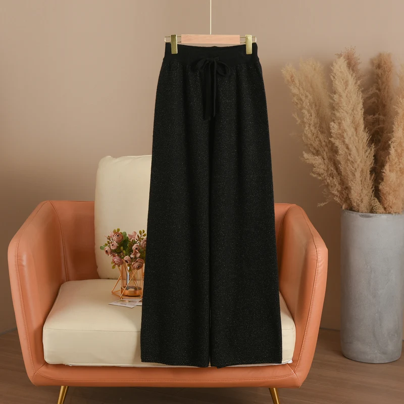 Autumn and winter new 100% pure Australian wool women's shiny silk wide leg pants with a hanging straight leg support pants