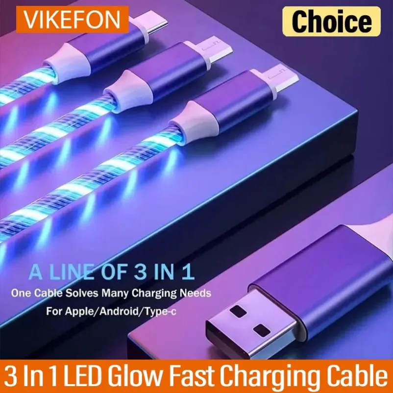 كابل شحن سريع 3 في 1 LED متوهج 3A Hi gh-Speed شحن مايكرو USB Type-C متعدد العلامات التجارية متوافق مع شحن سريع مضيء