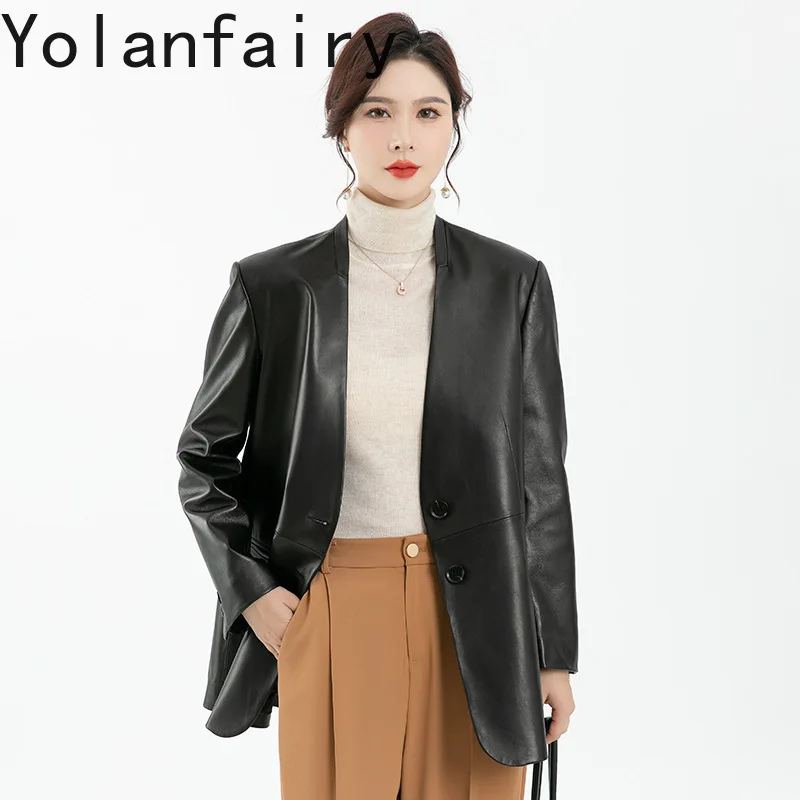 

YOLANFAIRY Genuine Leather Sheepskin Womens Jacket Spring Autumn Long Coats V-neck European Women Clothing Jaqueta Feminina