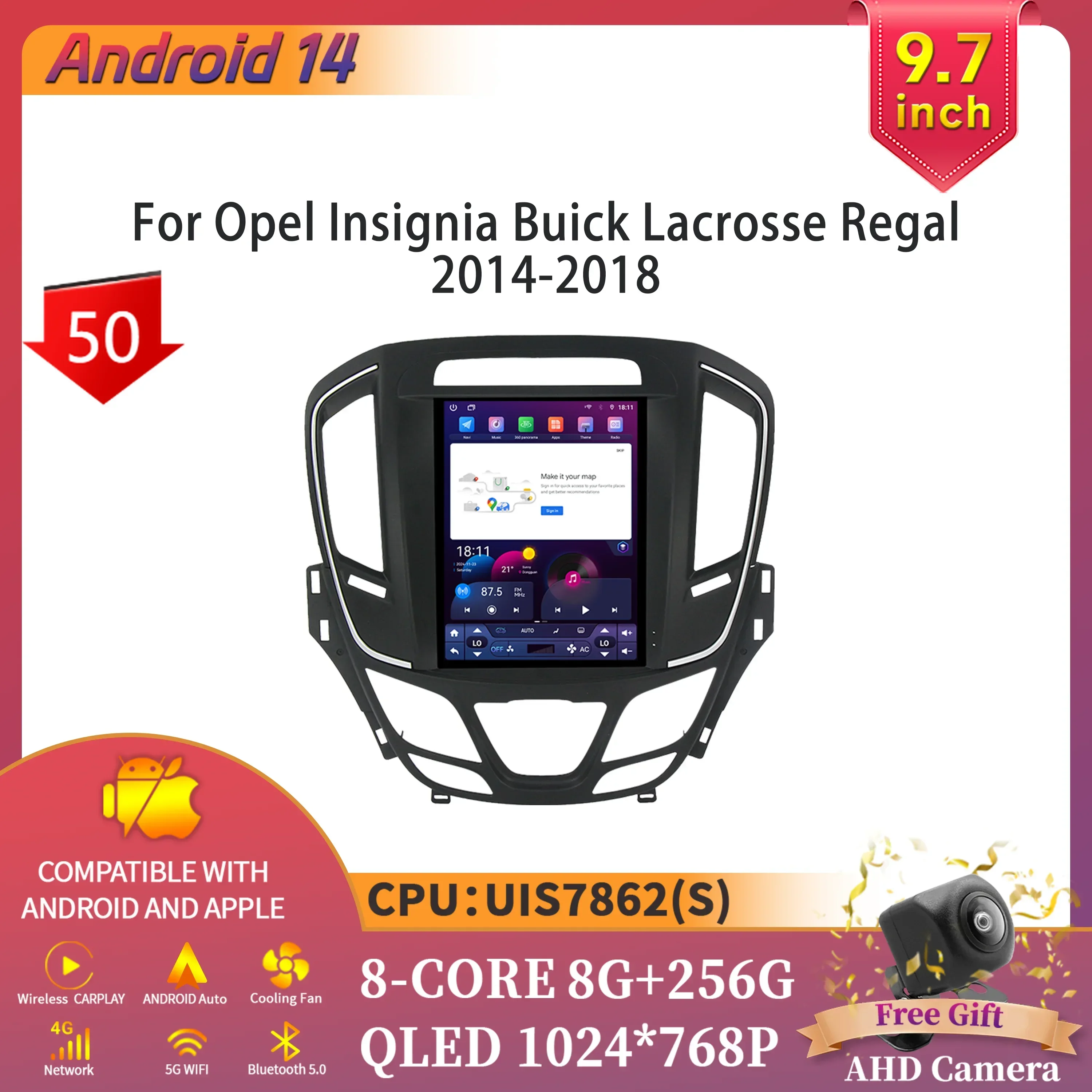9.7inch Car Radio Multimedia Intelligent Bluetooth Carplay Screen Android 14 For Opel Insignia Buick Lacrosse Regal 2014-2018