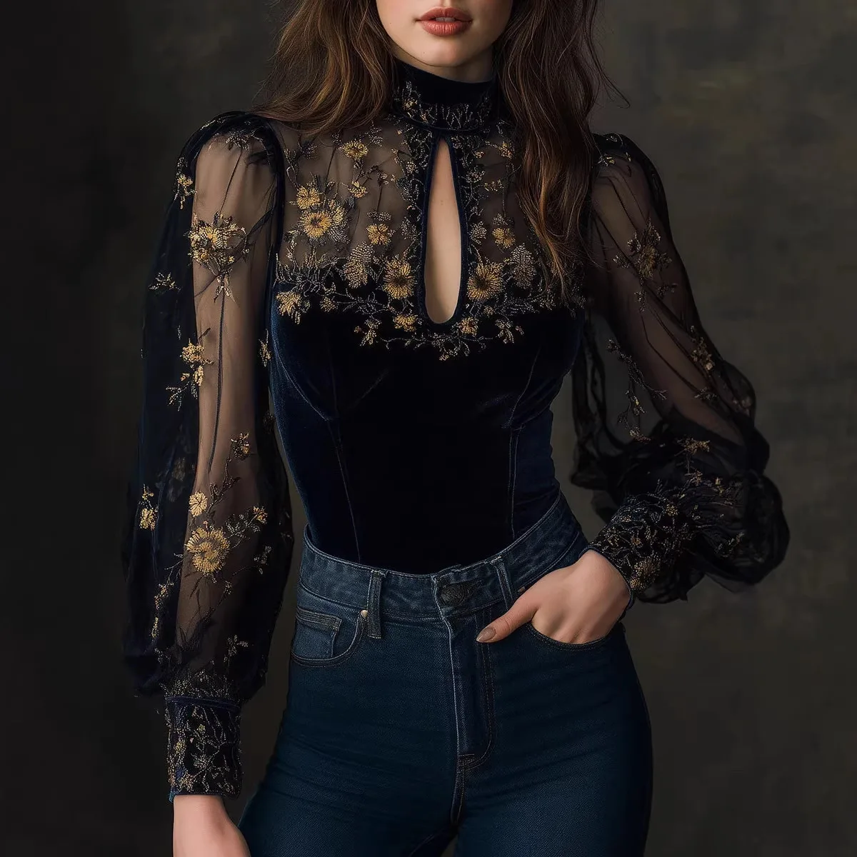 

French See Through Blouse for Women's Chic Elegant Floral Printed High Neck Mesh Lantern Sleeve Blouse Hollow Out Pullover Tops