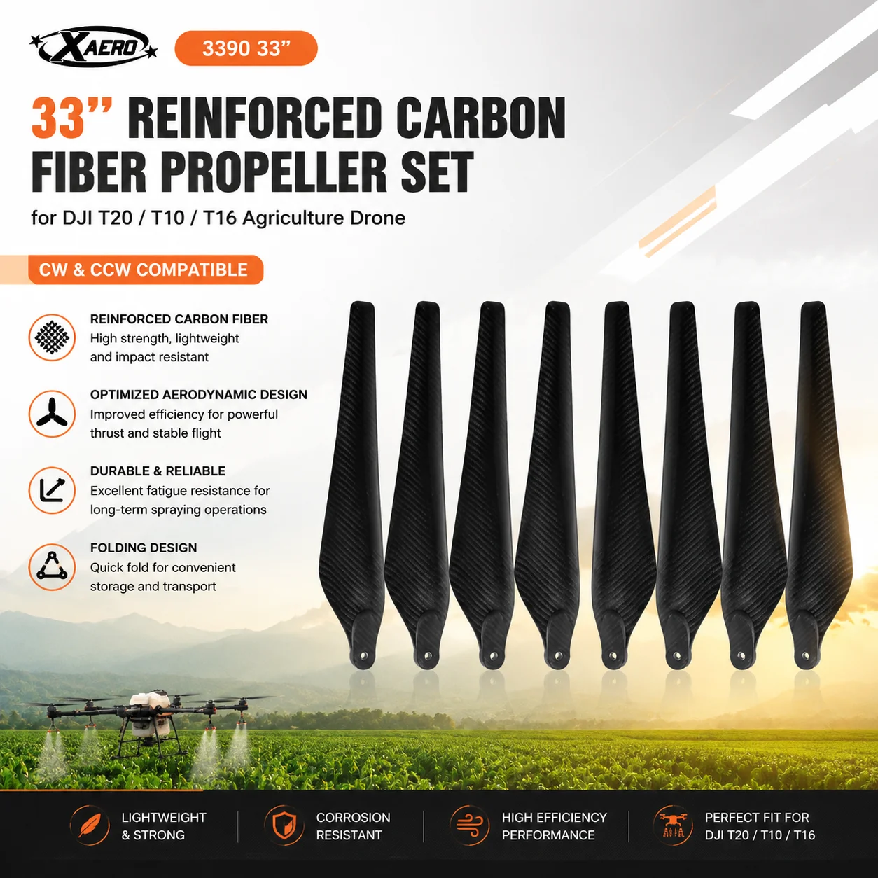 XAERO 3390 33 inch Reinforced Carbon Fiber Propeller for DJI T20 T10 T16, CW CCW Agriculture Spraying Drone Blade