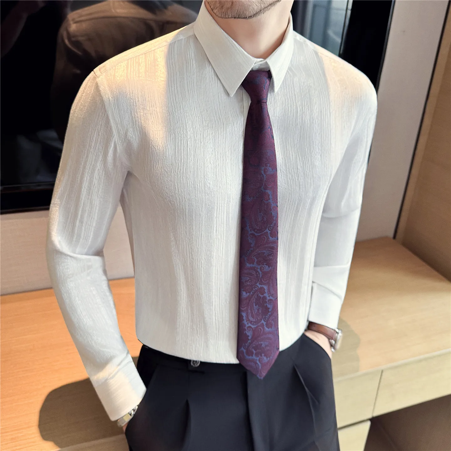 Autumn 3D Pleated Striped Long Sleeved Shirt for Men Casual Business Dress Shirt Versatile Office Social Work Uniform Shirts