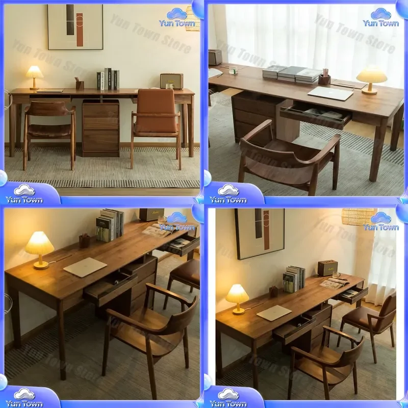 Nordic Black Walnut Solid Wood Double Wall Mounted Computer Bookcase for Learning Writing Desk Long Study Table Simple Home