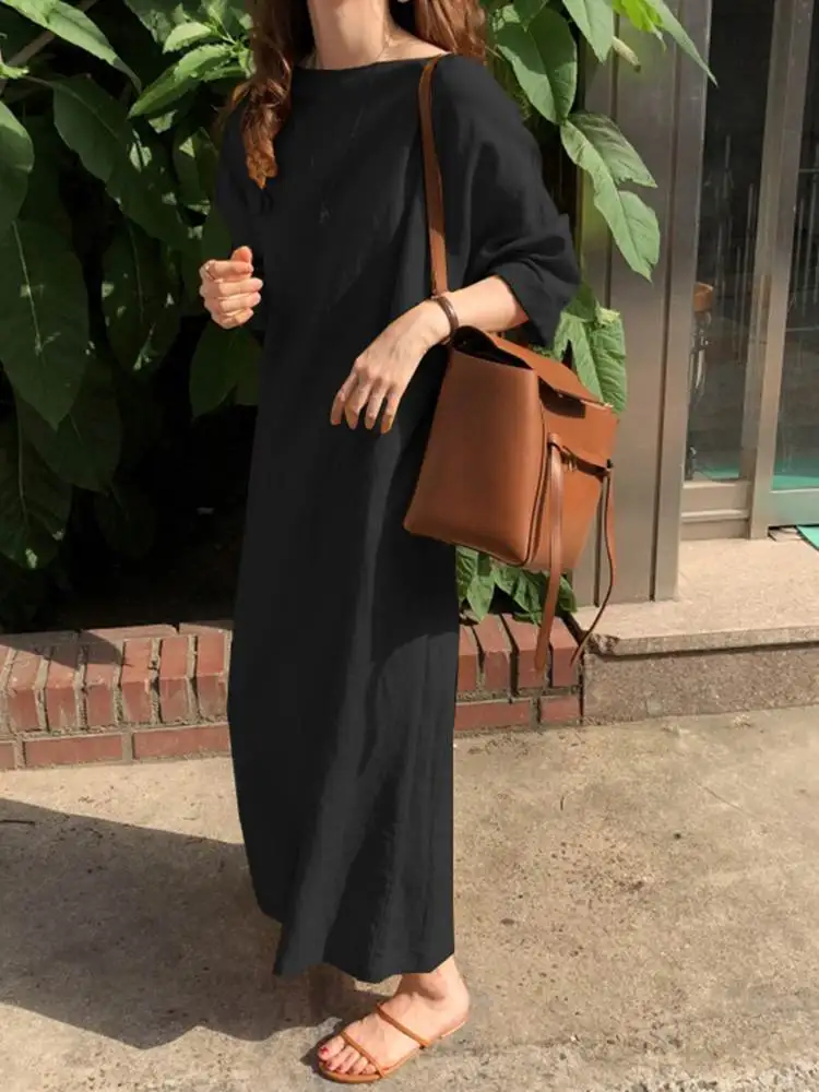 ZANZEA Women Long Sleeve Maxi Dress Vintage Autumn Sundress Casual Solid Loose Cotton Dresses Party Vestidos Holiday Robe Femme