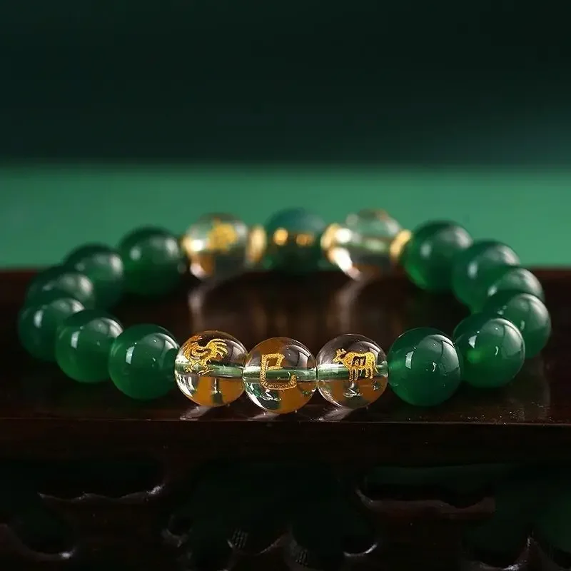 Zodiac Bracelet Green Agate Manjusri Bodhisattva Dragon Five Elements Wooden Jewelry Three-in-one Feng Shui HandString for Women