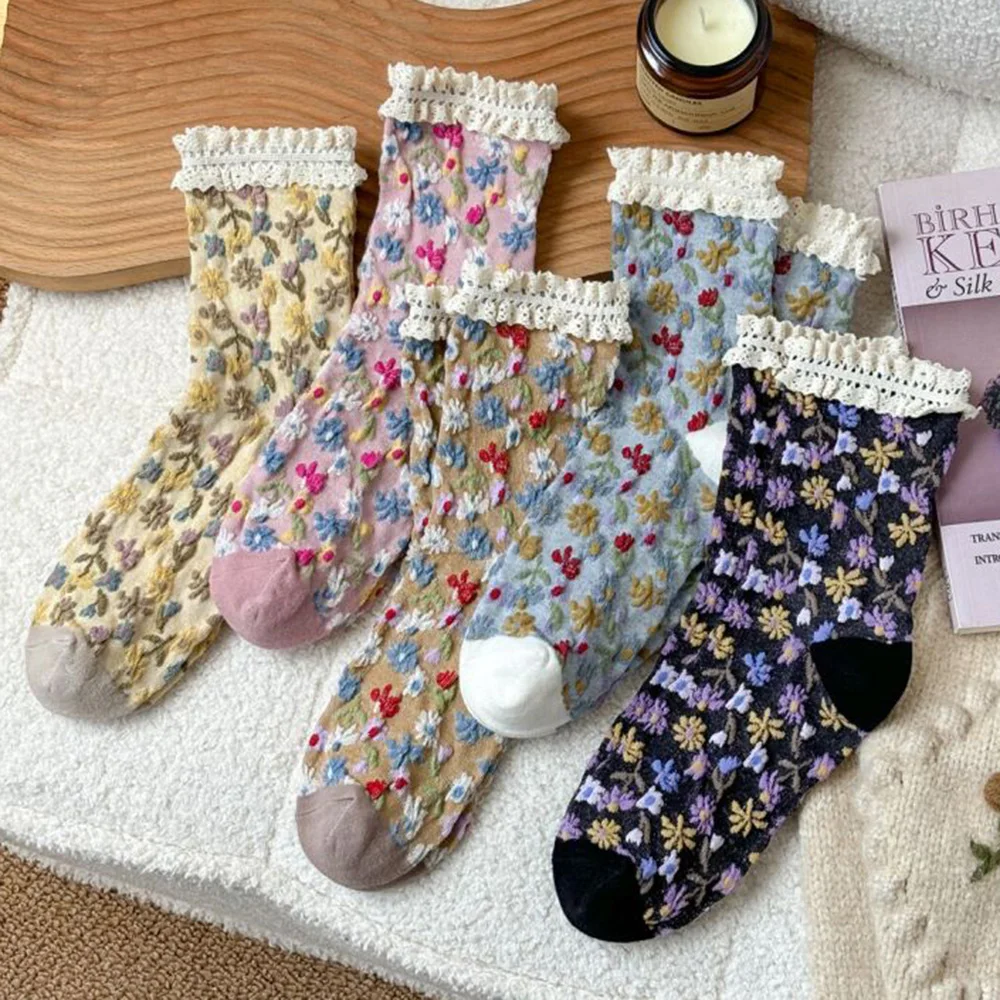 

3 Pair Cute Sweet Floral Women Socks Fashion Contrast Lace Korean Style Long Socks Set Autumn Winter Street Casual Sokken Femme