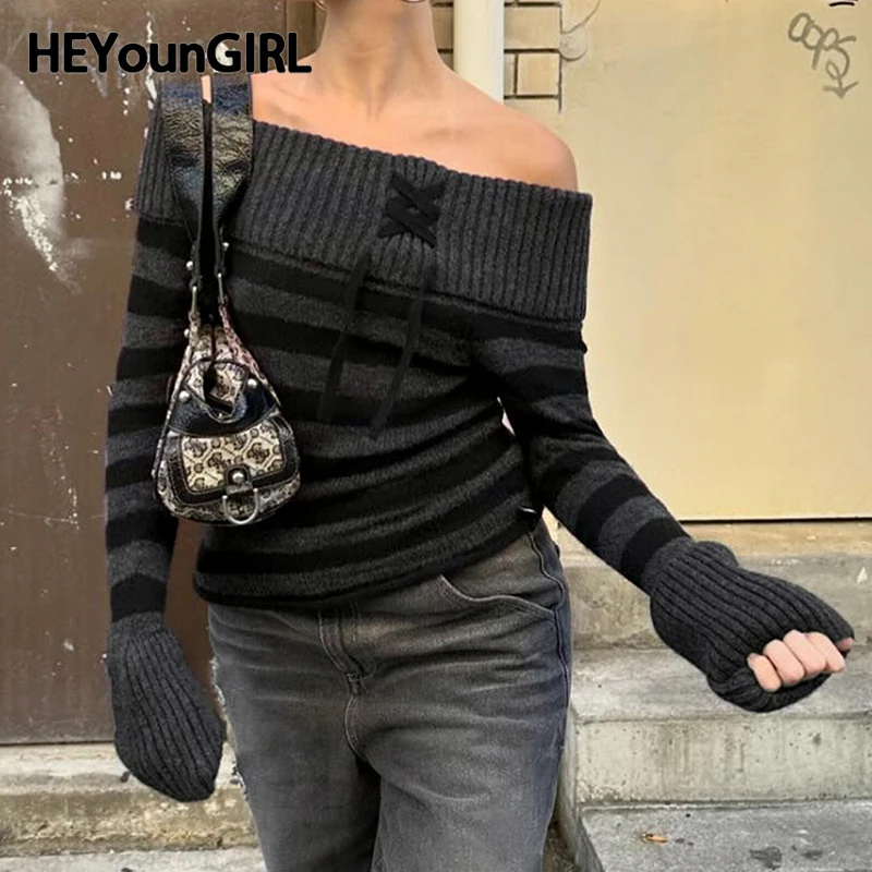 HEYounGIRL Y2K Striped Off Shoulder Women Sweater Lace-up Chic Stylish High Street 2000s Jumper Autumn Harajuku Knitwear Tops