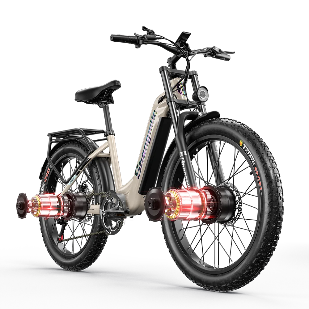 Vélo électrique Shengmilo S700, moteurs doubles 2000W, batterie 48V 17.5Ah, freins hydrauliques, amortissement complet.