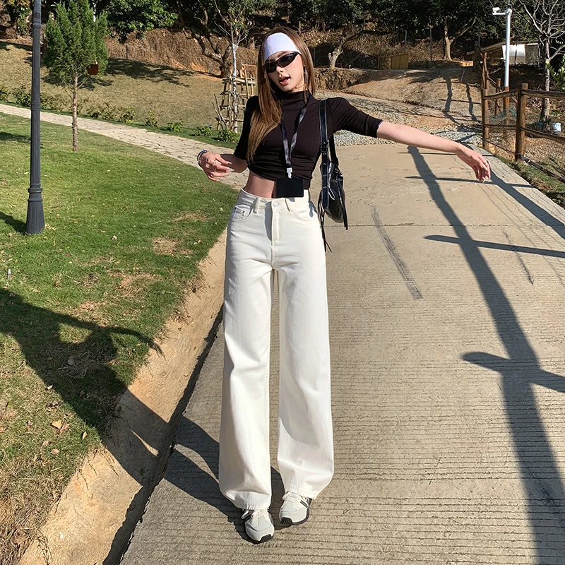 

Women's 2026 Spring Summer New High Waist Slimming Versatile Loose Straight Leg Jeans Beige Denim Casual Pants