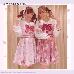 Abito dolce stile giapponese nuovo primavera donna Lolita ricamo fiocco orso abito stampato abito Rojita a maniche lunghe femminile