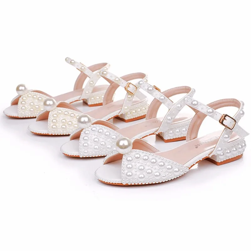

2025 New 2cm Comfortable Low Heel Sandals with Shallow Mouth Horseshoe Heel Buckle Sandals, White Nail Bead Bridal Dress Sandals