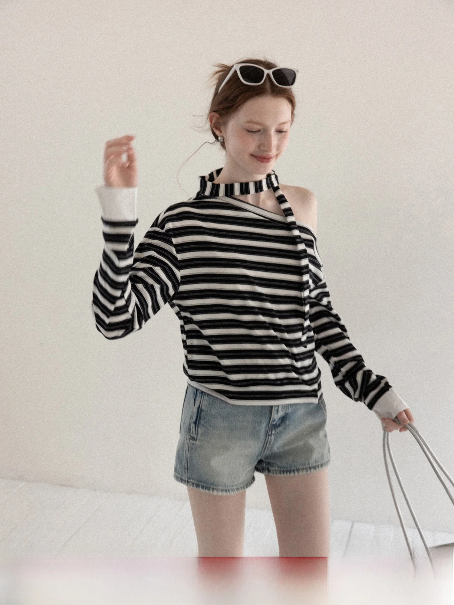 

Retro Striped Asymmetrical oulder Long Sve T-irt Women's Base irt Spring Season Casual Loose Fit Breathable Fabric