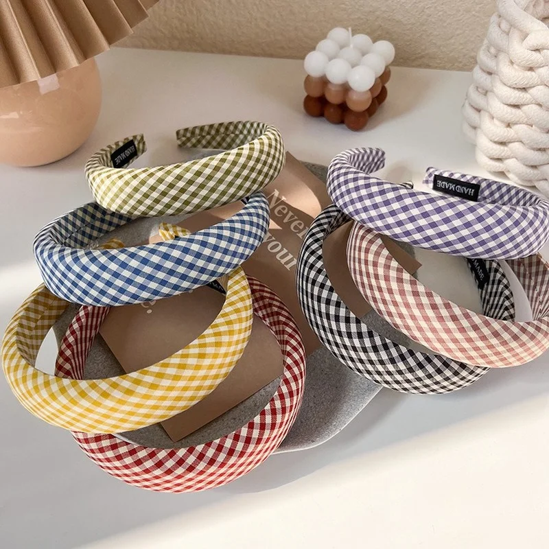 Spring and summer Sen series plaid headband girl cute headband Korean net red simple wide-brimmed sponge high skull top hairpin