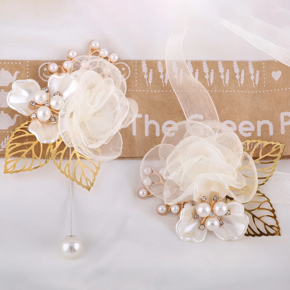Delicate Shell Pearl Gold Leaf Boutonniere & Wrist Corsage Groom Bride Wedding Set Wedding Accessories Women's Wedding Props