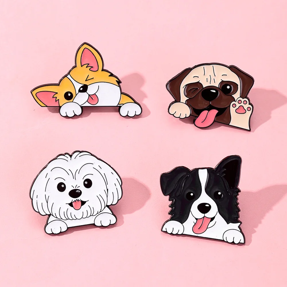 4 pçs bonito dos desenhos animados cão esmalte broche criativo corgi fronteira collie pug shih tzu lapela pino de metal crachá jóias presente para amigo do miúdo