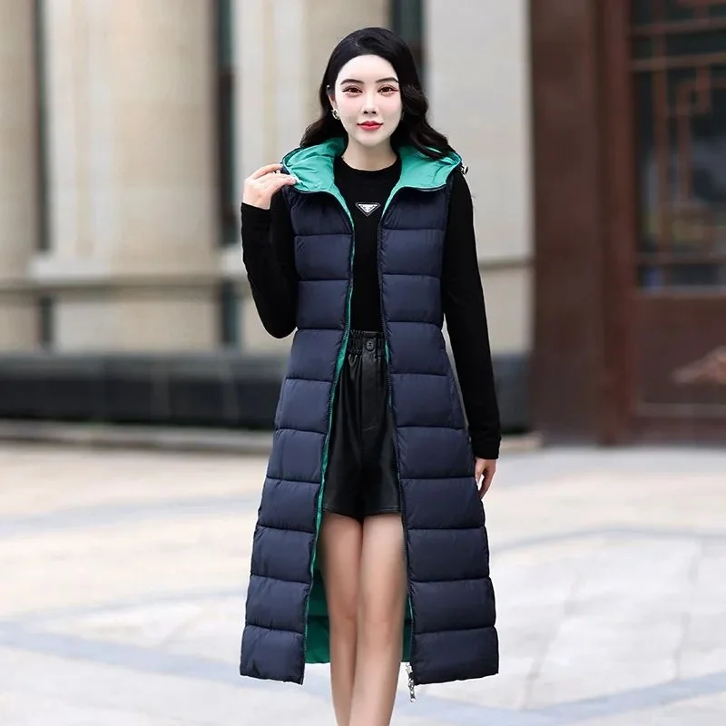 

Women's Autumn Winter Coat Double Sided Cotton Vest New Korean Hooded Long Sleeveless Jacket Female Waistcoat Chaleco Mujer