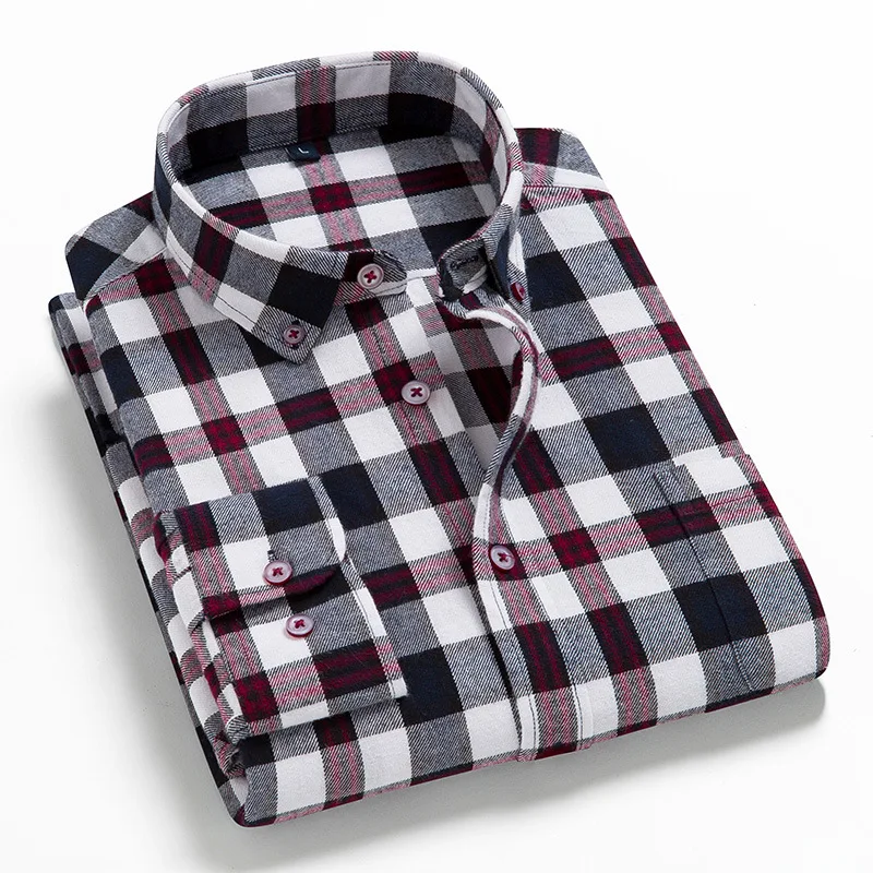 Men's Fashion Casual Plaid Brushed Long Sleeve Shirt Comfortable 100% Cotton Button-Down Slim-fit Thick Flannel Autumn Shirts