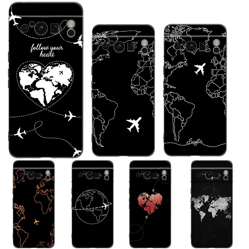 Cartoon World map scenery direction Phone Case For Google Pixel 8 7 6 Pro 8A 6A 7A 5G Soft Silicone Shockproof TPU Black Cover