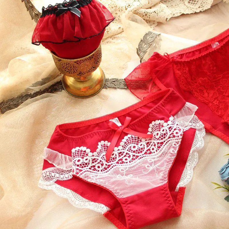 Big Lingerie Mid Waist Red Underwear Women Sexy Lace Briefs High Quality Lovely Bowknot Large Sizes Panties 5XL 6XL