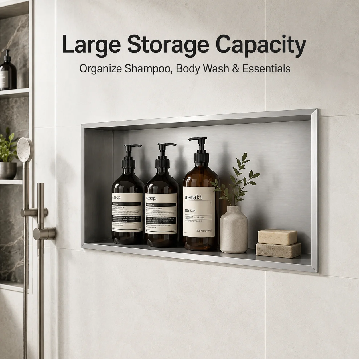 Brushed Silver Stainless Steel Shower Niche 24x12x4 in, Recessed Wall Shelf for Bathroom Storage, Rustproof