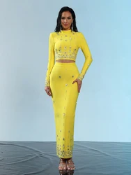 Modphy 2026 New Arrival Women Two Pieces Sets Sexy Diamonds Long Sleeve Tops Skirts Autumn Club Dinner Party Bandage Sets Outfit