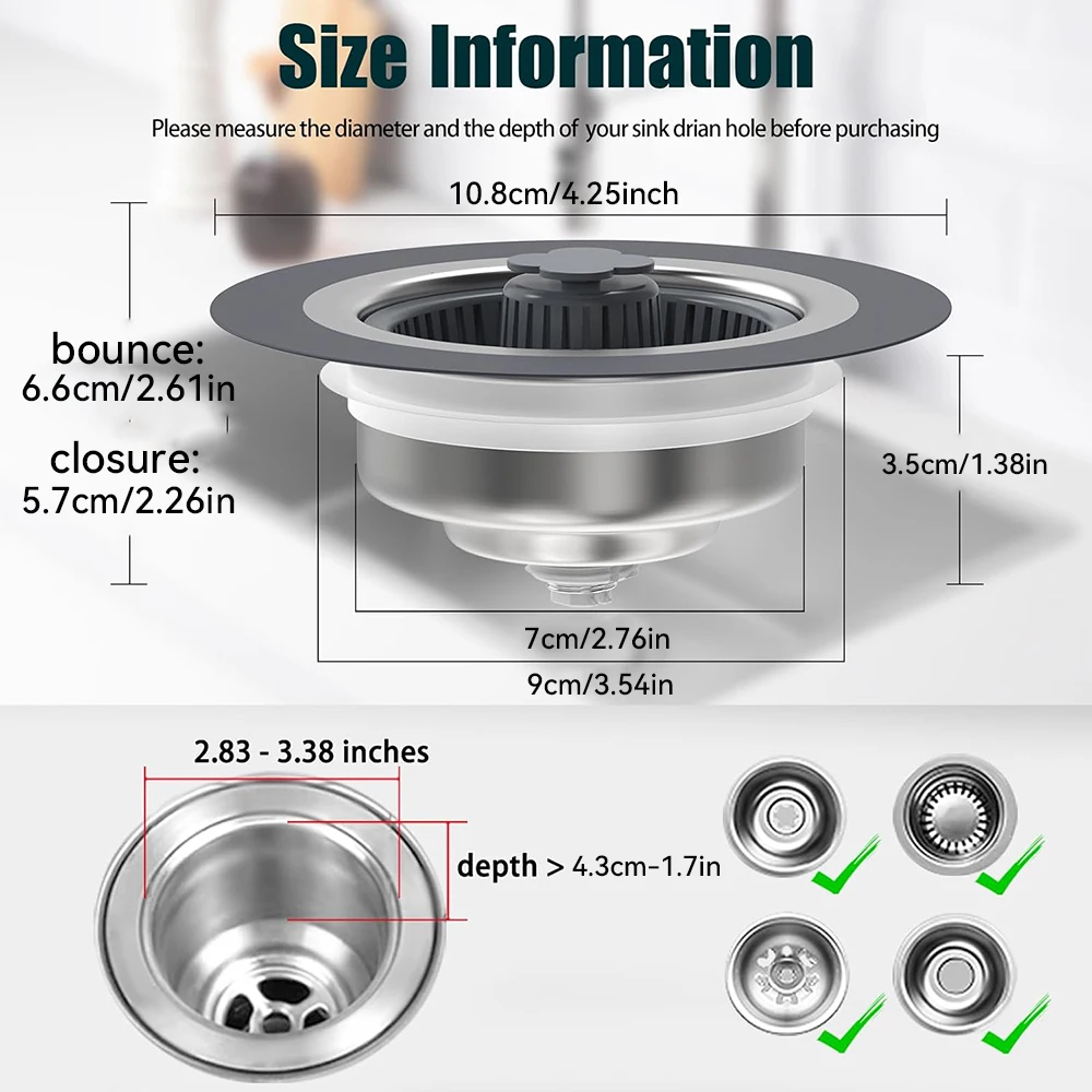 3 in 1 Kitchen Sink Drain Strainer and Stopper Combo, Stainless Steel Pop Up Kitchen Sink Stopper, Sink Drain Strainer for Stand