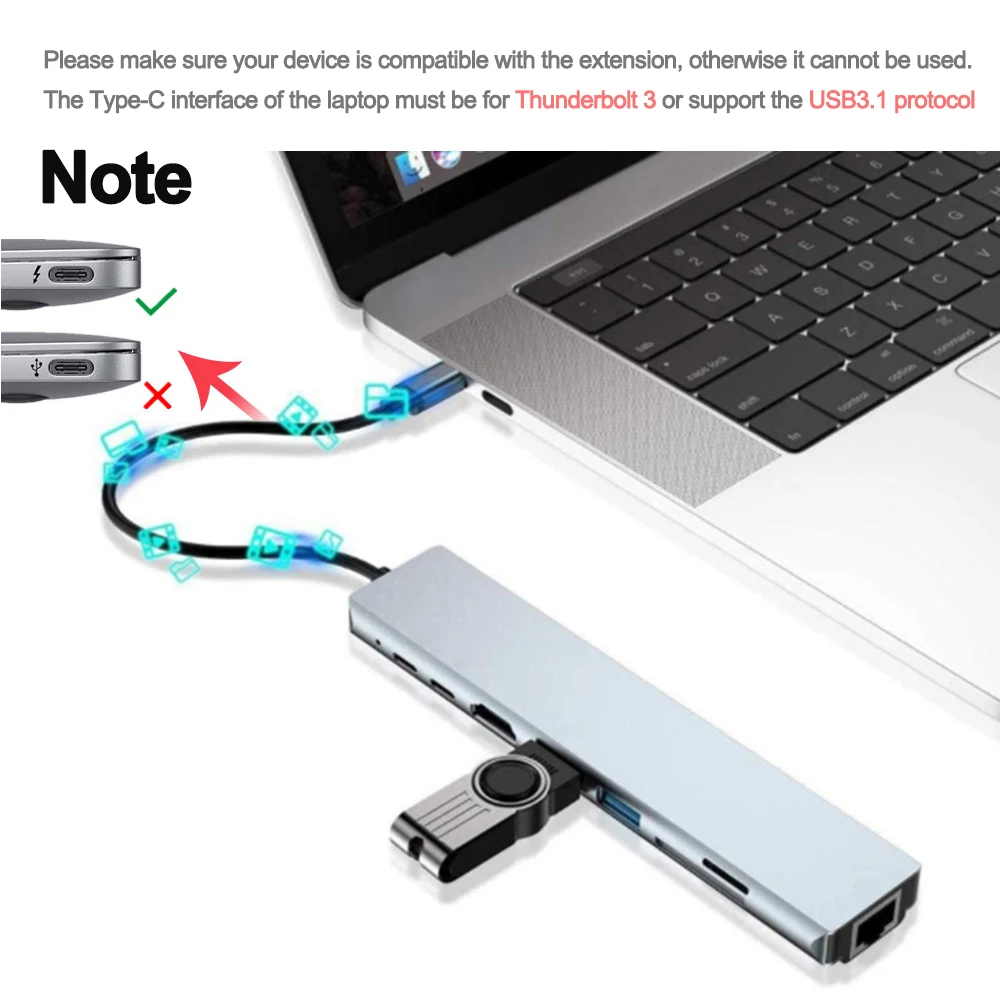 8 In 1 Type C Hub USB C USB3.0 To 4K HDMI-compatible Adapter with RJ45 SD/TF Card Reader PD Fast Charge For Laptop Computer