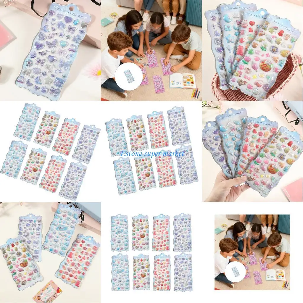 

090B 8pcs Crystal Decals Stickers Embossed Stickers PVC Cartoon Sticker for Students