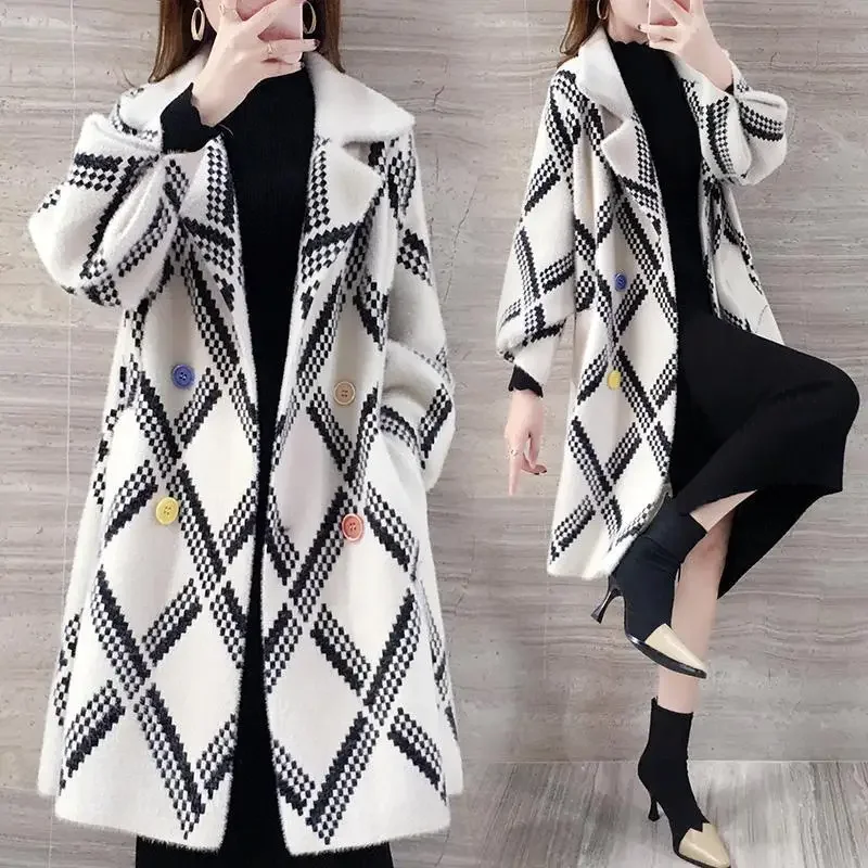 Novo outono inverno casaco feminino imitação de vison casaco de comprimento médio solto grosso térmico tricô cardigan moda casual outwear
