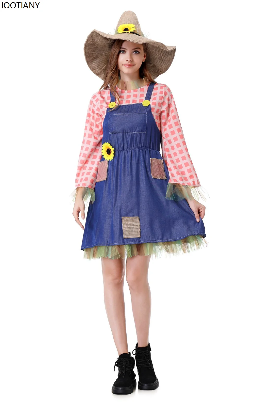 

CosplayPlaid Patch Scarecrow Parent-child Dresses With Hat Halloween Kids Adult Scarecrow Cosplay Costume Festival Party Drama D