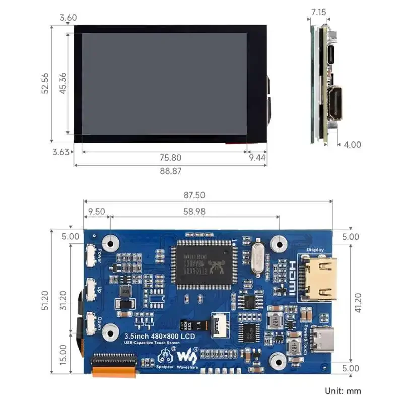Waveshare 24037 3.5 inch IPS Capacitive Touch LCD Display 480 x 800 Adjustable Brightness Support Raspberry Pi JetsonNano