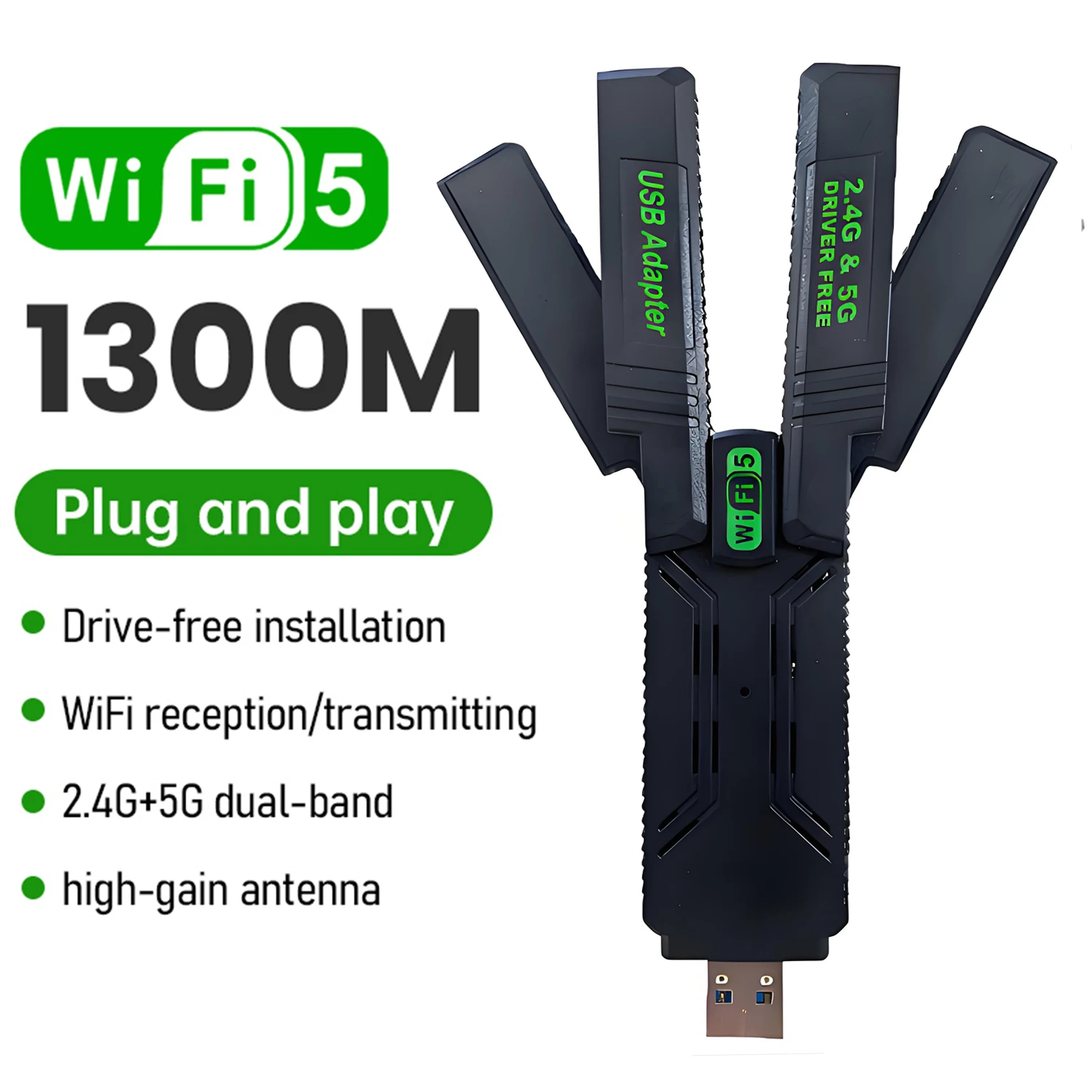 Wireless USB WiFi Adapter 1300M, 4 Antennas Network Card 2.4G & 5G for PC Windows 8/10/11, Built-in Driver, Easy to Install