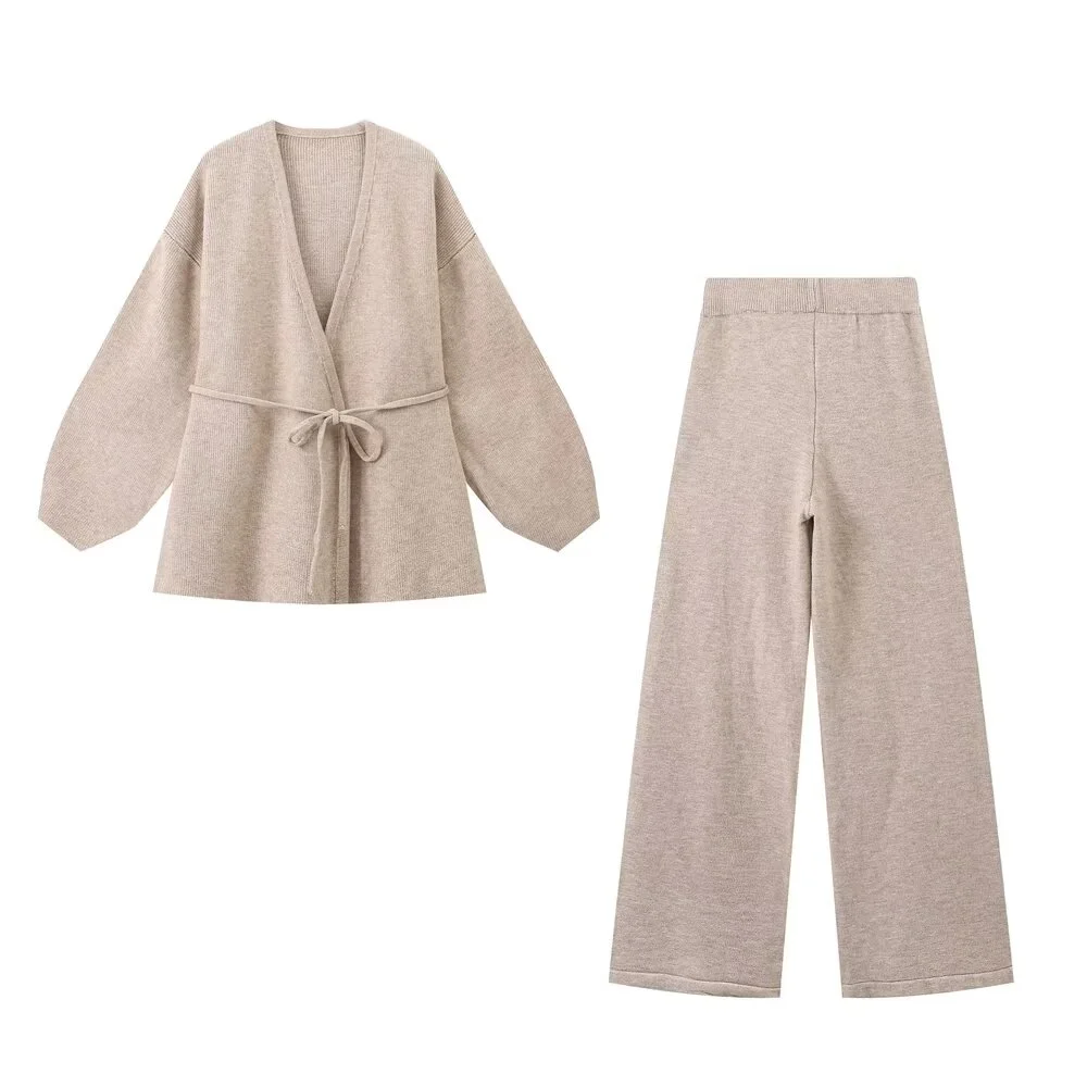 PB&ZA2024 autumn new women\'s clothing lazy style knitted cardigan jacket wide leg pants two-piece set