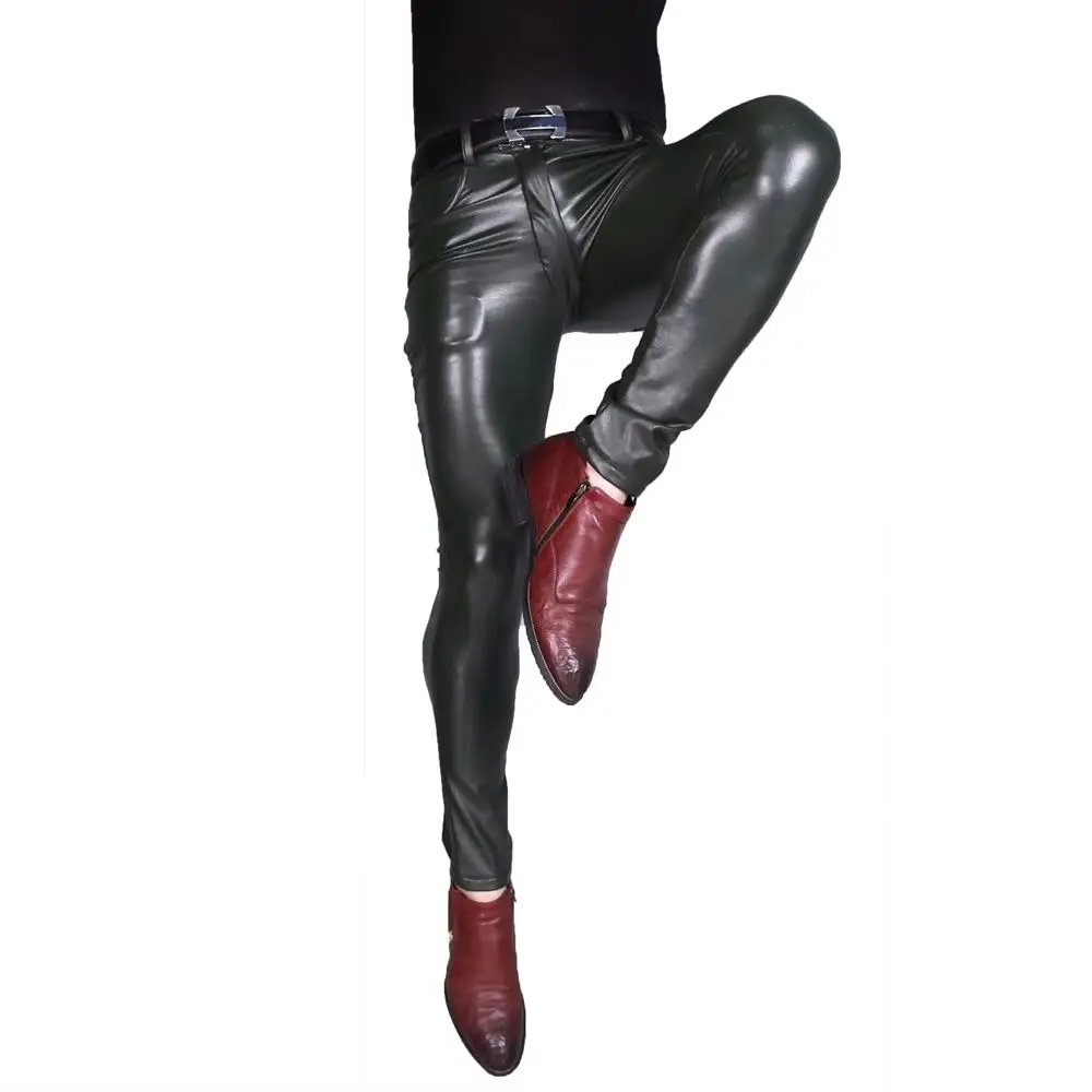 رجل فاسق بولي PU فو الجلود السراويل مرونة عالية نحيل Bootcut الجينز منتصف الارتفاع عادية دراجة نارية سروال شكل قلم رصاص رائع أنيق