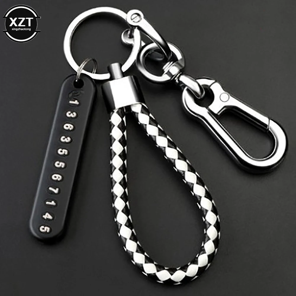 Anti-lost Car Keychain Phone Number Card Keyring Leather Bradied Rope Auto Vehicle Key Chain Holder Accessories Gift for Husband